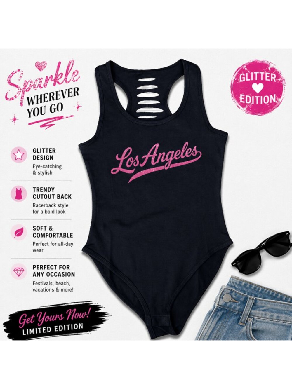 Los Angeles Womens Bodysuit Pink Glitter Graphic Racerback, Baseball outfit